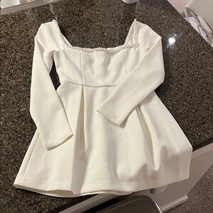 Chic Long Sleeve Cream Dress with Pearl Accents